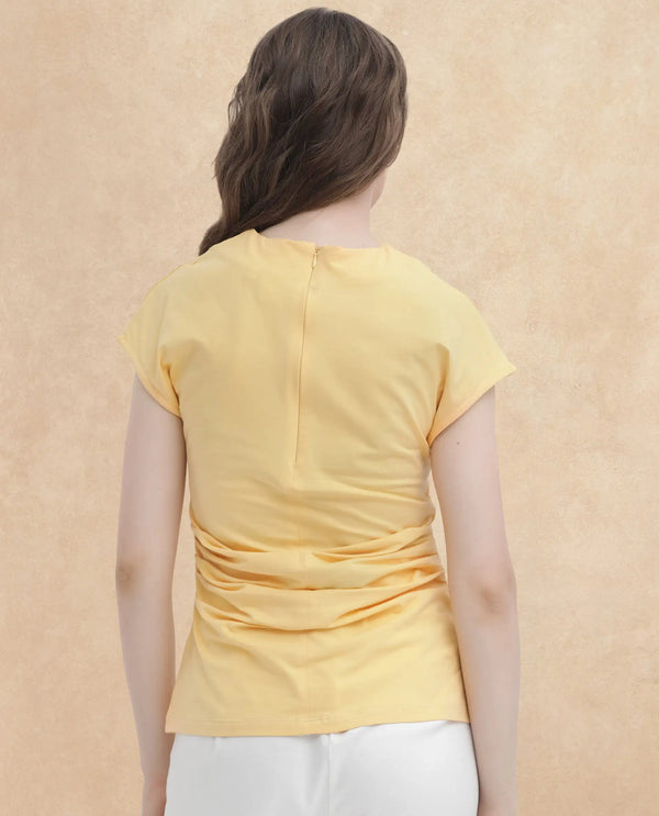 Rareism Women Granden Light Yellow Cotton Fabric Short Sleeves Zip Closure Round Neck Extended Sleeve Regular Fit Plain Top