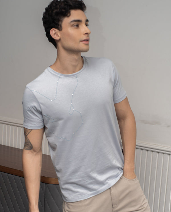 Rare Rabbit Men's Graphs Blue Crew Neck Slim Fit Graphic Printed T-Shirt