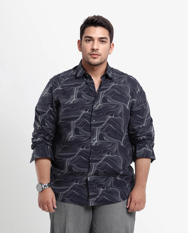 Rare Rabbit Men's Gravel Navy Viscose Fabric Abstract Print Full Sleeves Shirt Plus Size
