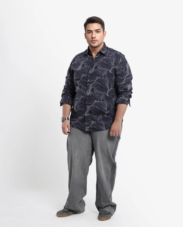 Rare Rabbit Men's Gravel Navy Viscose Fabric Abstract Print Full Sleeves Shirt Plus Size