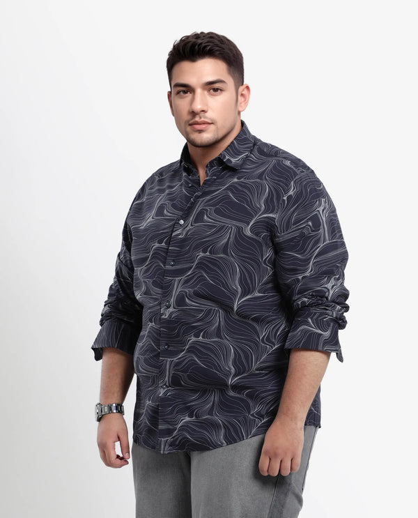 Rare Rabbit Men's Gravel Navy Viscose Fabric Abstract Print Full Sleeves Shirt Plus Size