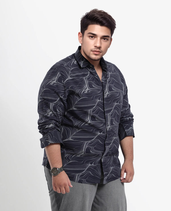 Rare Rabbit Men's Gravel Navy Viscose Fabric Abstract Print Full Sleeves Shirt Plus Size