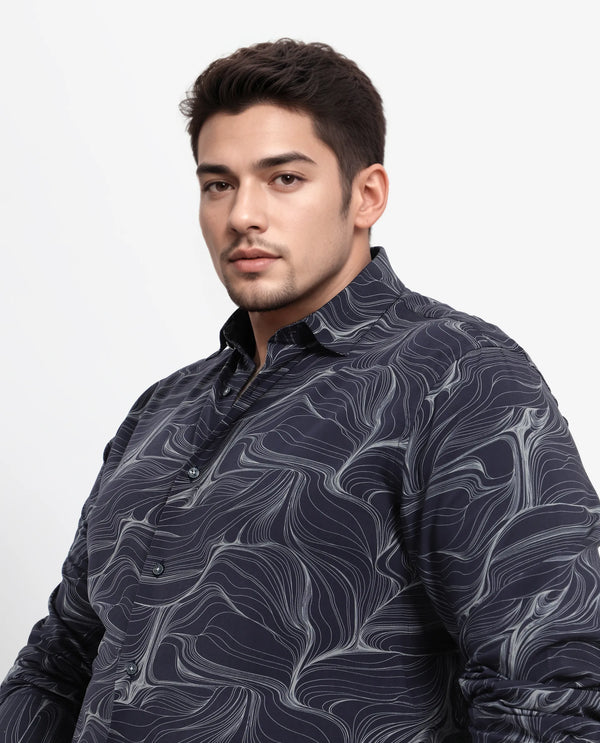 Rare Rabbit Men's Gravel Navy Viscose Fabric Abstract Print Full Sleeves Shirt Plus Size