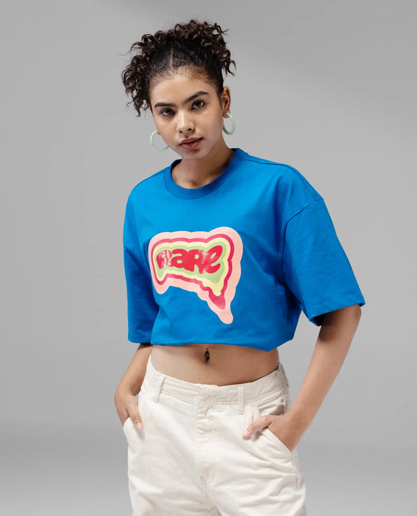Rareism Women Retriz Blue Cotton Blend Fabric Short Sleeve Crew Neck Oversized Fit Graphic Print T-Shirt
