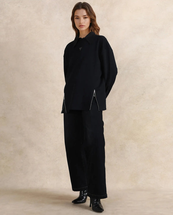 Rareism Women Gravity Black Cotton Blend Fabric Full Sleeve Crew Neck Zipper Closure Relaxed Fit Hip Length Plain Sweatshirt
