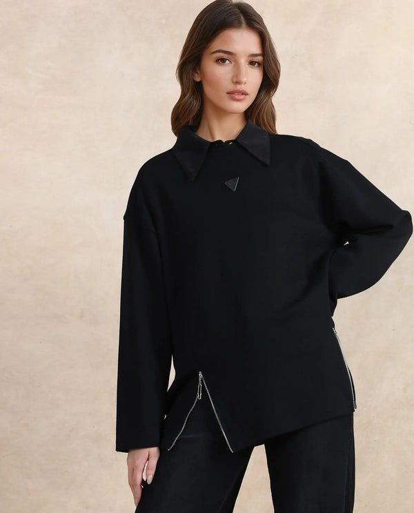 Rareism Women Gravity Black Cotton Blend Fabric Full Sleeve Crew Neck Zipper Closure Relaxed Fit Hip Length Plain Sweatshirt