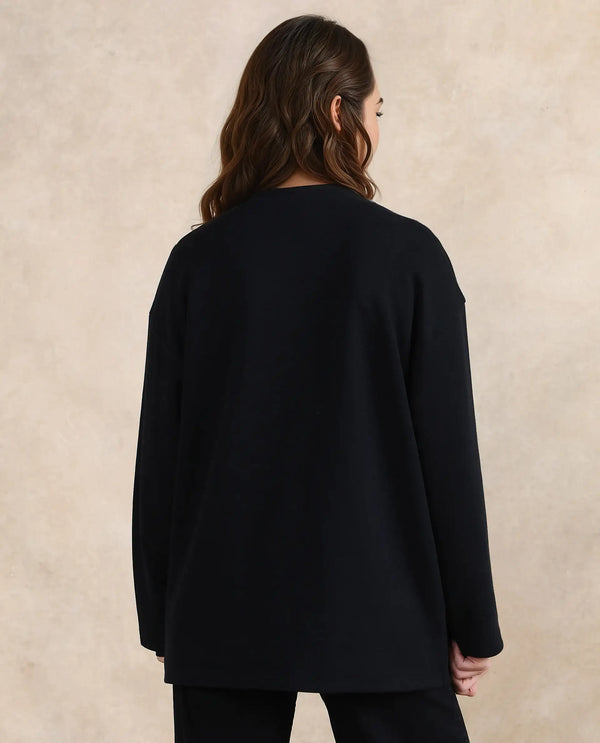 Rareism Women Gravity Black Cotton Blend Fabric Full Sleeve Crew Neck Zipper Closure Relaxed Fit Hip Length Plain Sweatshirt