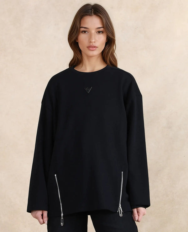 Rareism Women Gravity Black Cotton Blend Fabric Full Sleeve Crew Neck Zipper Closure Relaxed Fit Hip Length Plain Sweatshirt