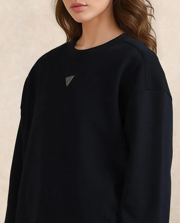 Rareism Women Gravity Black Cotton Blend Fabric Full Sleeve Crew Neck Zipper Closure Relaxed Fit Hip Length Plain Sweatshirt