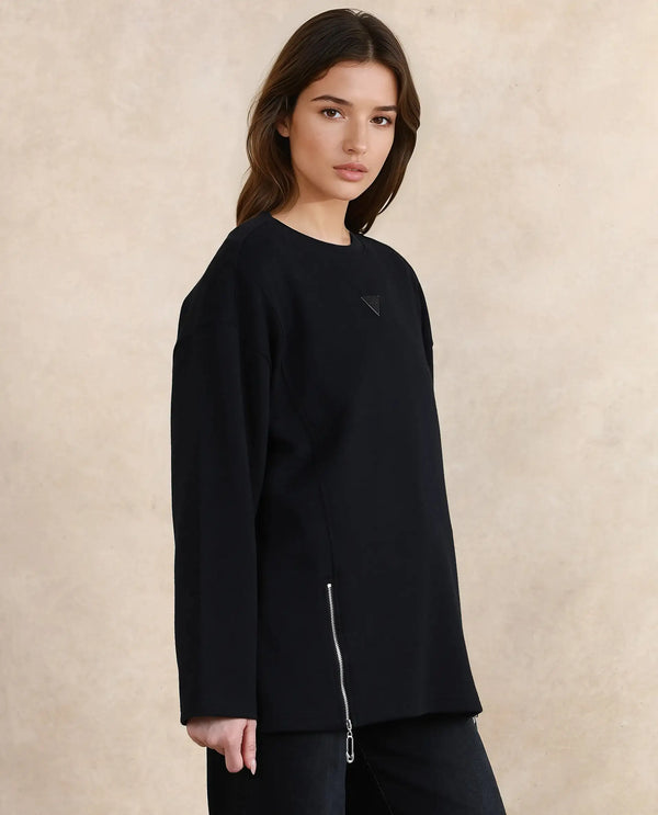 Rareism Women Gravity Black Cotton Blend Fabric Full Sleeve Crew Neck Zipper Closure Relaxed Fit Hip Length Plain Sweatshirt