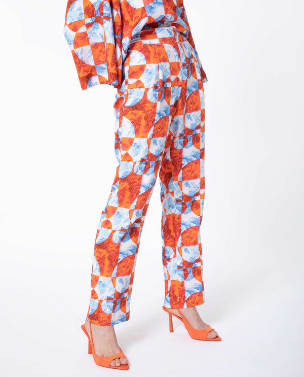 Rareism Women Gray Orange Viscose Fabric Drawstring Closure Regular Fit Floral Print Ankle Length Trousers