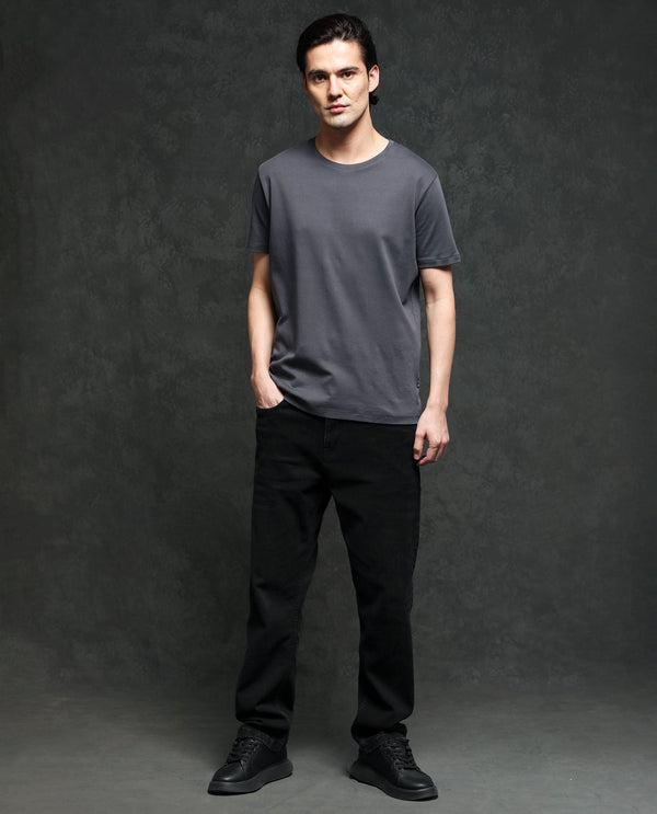 Rare Rabbit Men's Gis-1 Dark Grey Cotton Fabric Crew Neck Half Sleeves Regular Fit Solid T-Shirt
