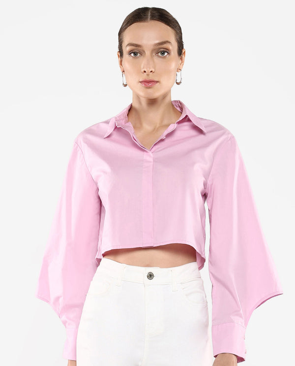 Rareism Women's Grieropo Pink Fashion Sleeve Collared Neck Plain Top