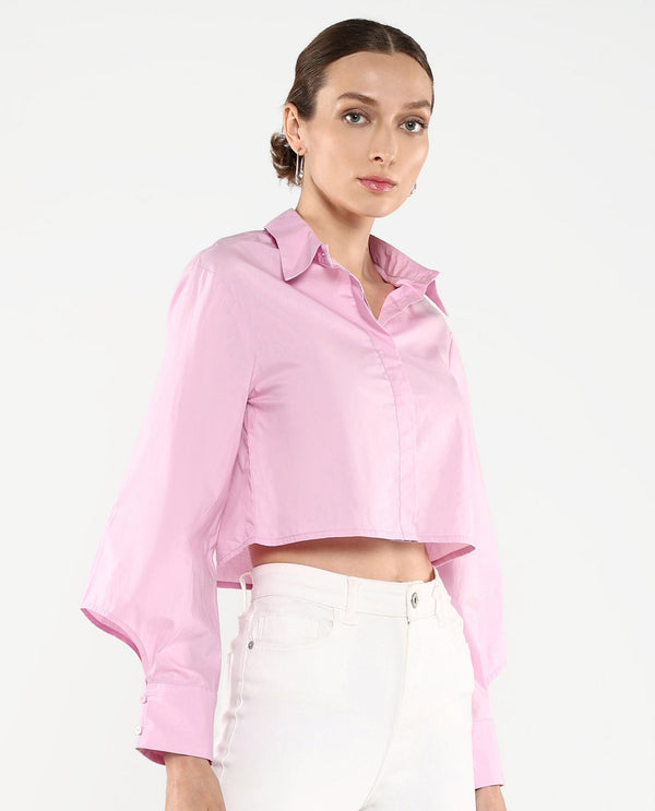 Rareism Women's Grieropo Pink Fashion Sleeve Collared Neck Plain Top