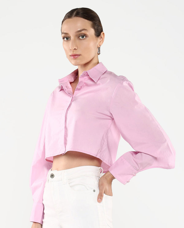 Rareism Women's Grieropo Pink Fashion Sleeve Collared Neck Plain Top