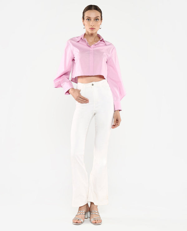 Rareism Women's Grieropo Pink Fashion Sleeve Collared Neck Plain Top