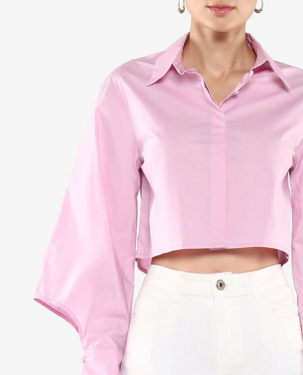 Rareism Women's Grieropo Pink Fashion Sleeve Collared Neck Plain Top