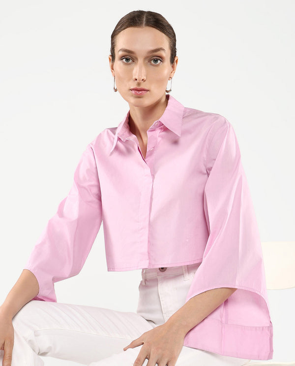Rareism Women's Grieropo Pink Fashion Sleeve Collared Neck Plain Top