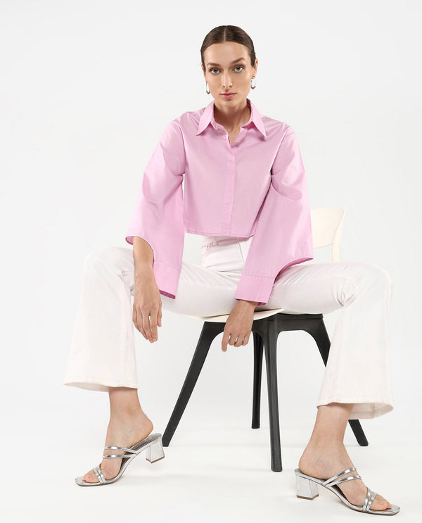 Rareism Women's Grieropo Pink Fashion Sleeve Collared Neck Plain Top