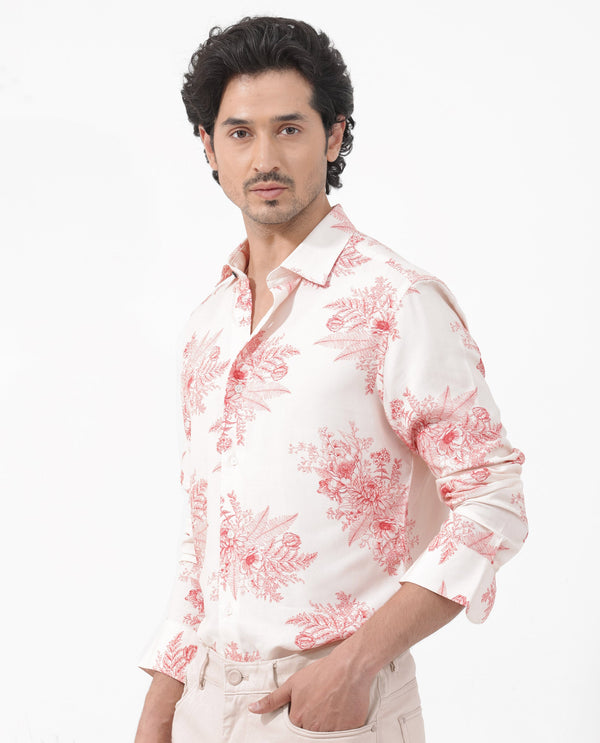 Rare Rabbit Mens Grim Peach Regular Fit Floral Print Viscose Fabric Full Sleeve Shirt