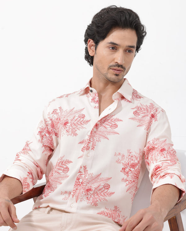 Rare Rabbit Mens Grim Peach Regular Fit Floral Print Viscose Fabric Full Sleeve Shirt