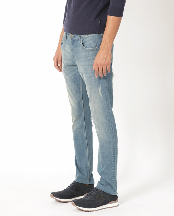 Rare Rabbit Men's Grimm Light Blue Mid Wash Mid-Rise Distressed Slim Fit Jeans