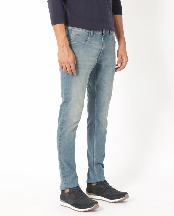 Rare Rabbit Men's Grimm Light Blue Mid Wash Mid-Rise Distressed Slim Fit Jeans