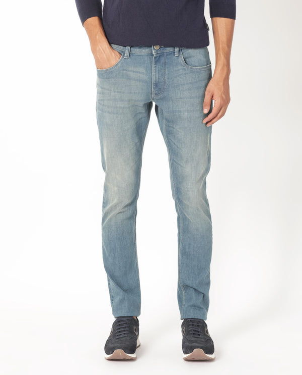 Rare Rabbit Men's Grimm Light Blue Mid Wash Mid-Rise Distressed Slim Fit Jeans