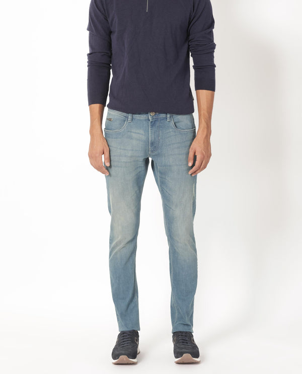 Rare Rabbit Men's Grimm Light Blue Mid Wash Mid-Rise Distressed Slim Fit Jeans