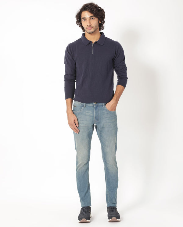 Rare Rabbit Men's Grimm Light Blue Mid Wash Mid-Rise Distressed Slim Fit Jeans