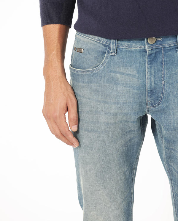 Rare Rabbit Men's Grimm Light Blue Mid Wash Mid-Rise Distressed Slim Fit Jeans