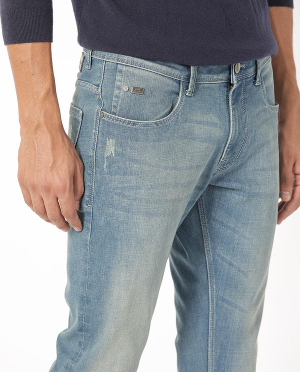 Rare Rabbit Men's Grimm Light Blue Mid Wash Mid-Rise Distressed Slim Fit Jeans