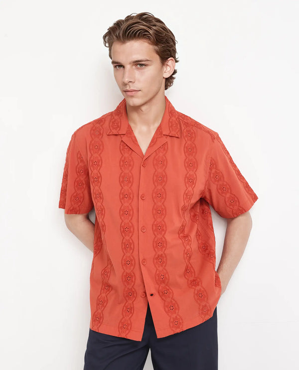 Rare Rabbit Men's Grin Orange Cotton Fabric Half Sleeve Cuban Collar Relaxed Fit Embroidered Shirt