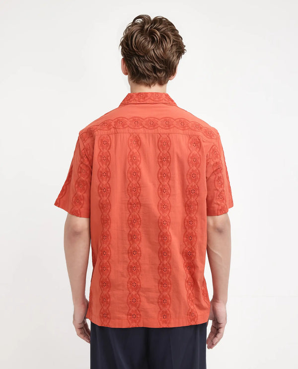 Rare Rabbit Men's Grin Orange Cotton Fabric Half Sleeve Cuban Collar Relaxed Fit Embroidered Shirt