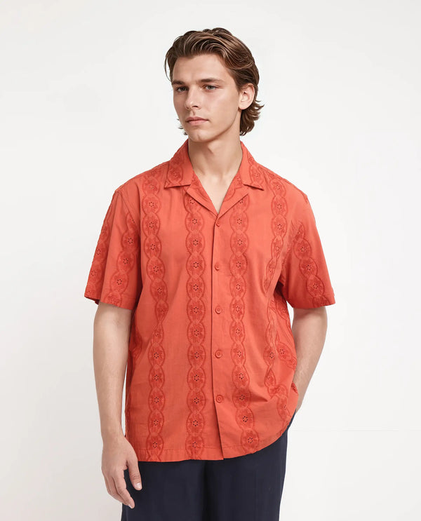 Rare Rabbit Men's Grin Orange Cotton Fabric Half Sleeve Cuban Collar Relaxed Fit Embroidered Shirt