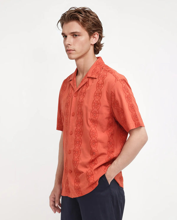 Rare Rabbit Men's Grin Orange Cotton Fabric Half Sleeve Cuban Collar Relaxed Fit Embroidered Shirt