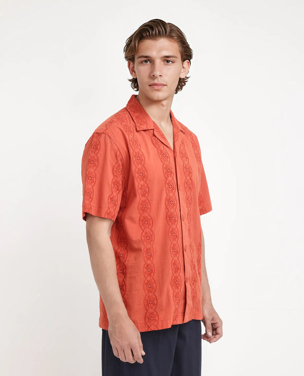Rare Rabbit Men's Grin Orange Cotton Fabric Half Sleeve Cuban Collar Relaxed Fit Embroidered Shirt