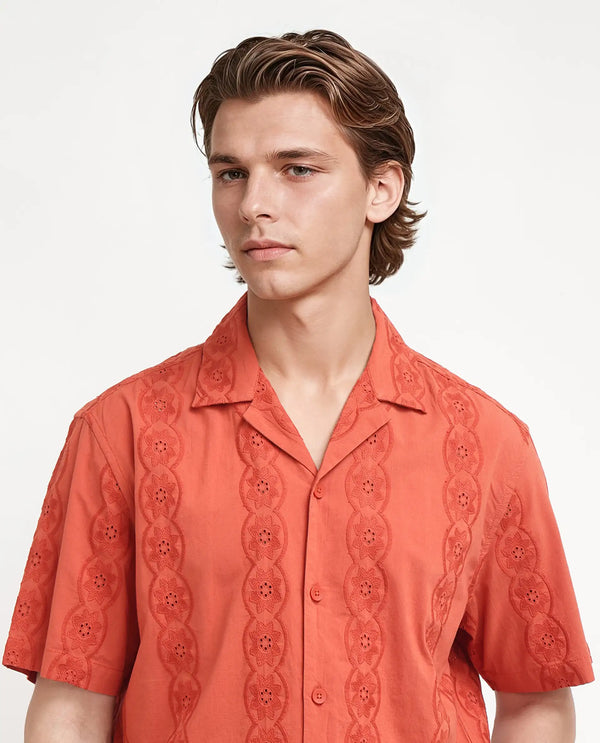 Rare Rabbit Men's Grin Orange Cotton Fabric Half Sleeve Cuban Collar Relaxed Fit Embroidered Shirt