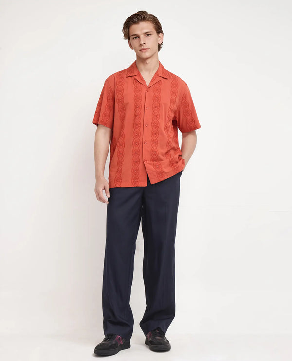 Rare Rabbit Men's Grin Orange Cotton Fabric Half Sleeve Cuban Collar Relaxed Fit Embroidered Shirt
