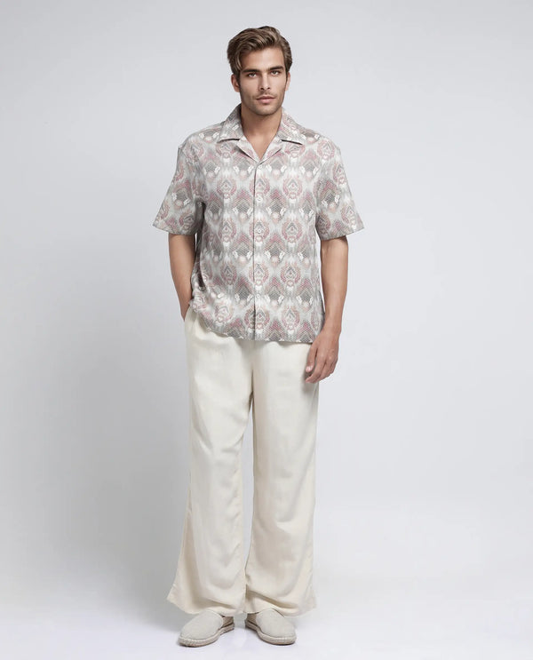 Rare Rabbit Men's Grit Beige Cotton Fabric Short Sleeve Collared Neck Button Closure Abstract Print Shirt