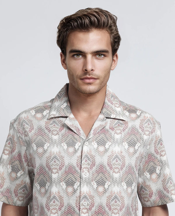Rare Rabbit Men's Grit Beige Cotton Fabric Short Sleeve Collared Neck Button Closure Abstract Print Shirt