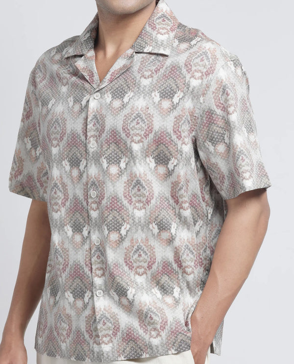 Rare Rabbit Men's Grit Beige Cotton Fabric Short Sleeve Collared Neck Button Closure Abstract Print Shirt