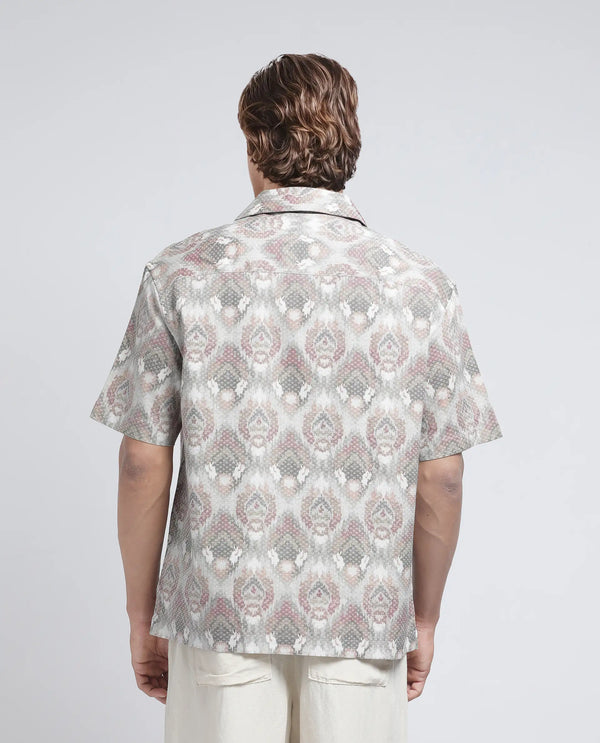 Rare Rabbit Men's Grit Beige Cotton Fabric Short Sleeve Collared Neck Button Closure Abstract Print Shirt