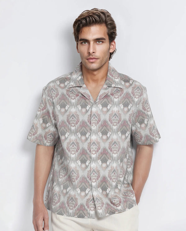 Rare Rabbit Men's Grit Beige Cotton Fabric Short Sleeve Collared Neck Button Closure Abstract Print Shirt