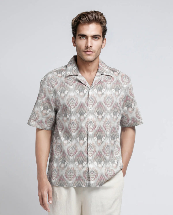Rare Rabbit Men's Grit Beige Cotton Fabric Short Sleeve Collared Neck Button Closure Abstract Print Shirt