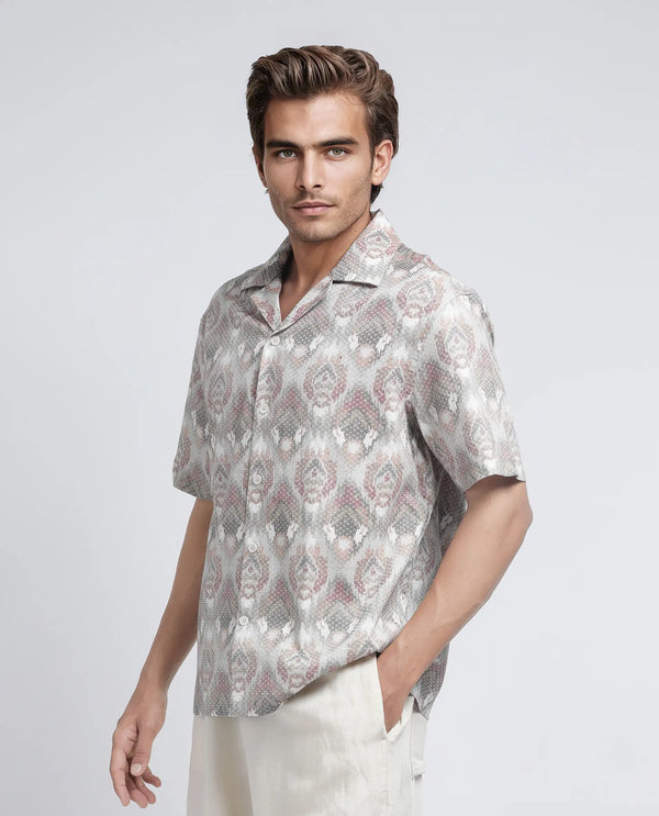 Rare Rabbit Men's Grit Beige Cotton Fabric Short Sleeve Collared Neck Button Closure Abstract Print Shirt