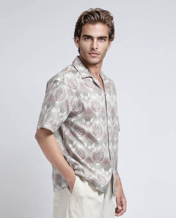 Rare Rabbit Men's Grit Beige Cotton Fabric Short Sleeve Collared Neck Button Closure Abstract Print Shirt