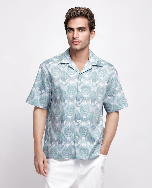 Rare Rabbit Men's Grit Blue Cotton Fabric Short Sleeve Cuban Neck Button Closure Abstract Shirt