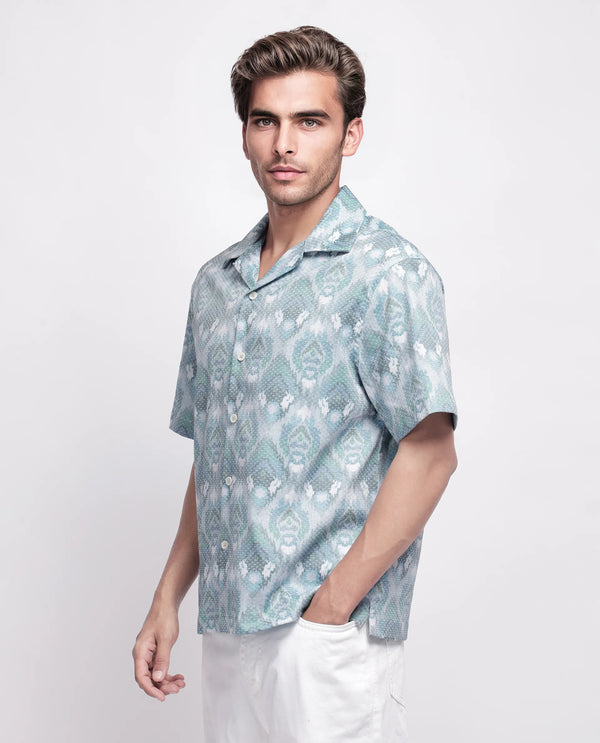 Rare Rabbit Men's Grit Blue Cotton Fabric Short Sleeve Cuban Neck Button Closure Abstract Shirt