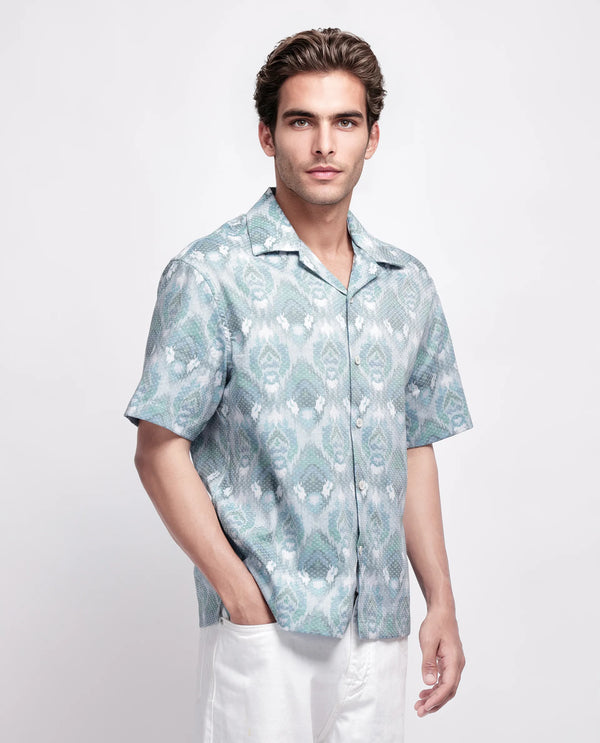 Rare Rabbit Men's Grit Blue Cotton Fabric Short Sleeve Cuban Neck Button Closure Abstract Shirt